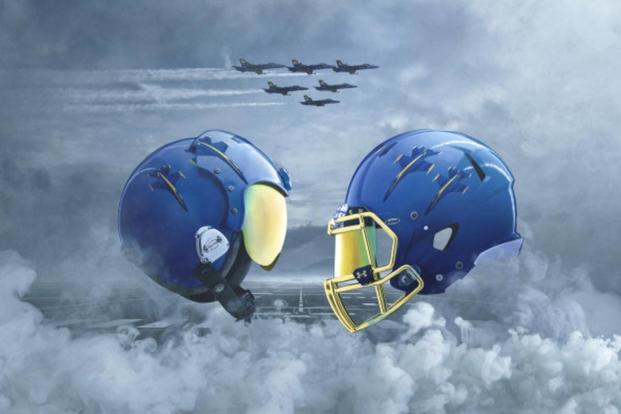 Navy will wear hand-painted helmets depicting a Delta Formation, and a chrome facemask to mimic the visor of the Blue Angel pilots. (Navy image)