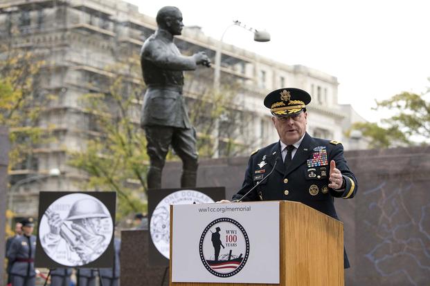 General Mark A. Milley, U.S. Army Chief of Staff, speaks at the ceremonial groundbreaking for the National World War I Memorial at Pershing Park in Washington, D.C. Nov. 9, 2017. (DoD photo by EJ Hersom)