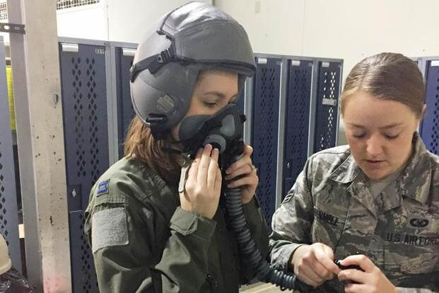 Military.com's Oriana Pawlyk goes through training and flight suit preparations before sitting copilot in the B-1B Lancer. (Photo by Oriana Pawlyk/Military.com)