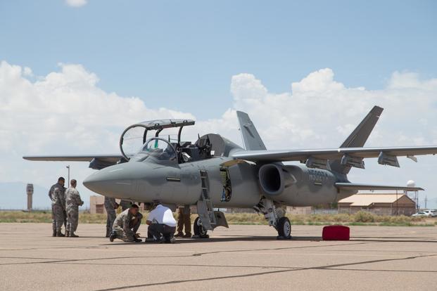 A Textron Scorpion experimental aircraft sits at Holloman AFB. The Scorpion is participating in the U.S. Air Force Light Attack Experiment (OA-X). (U.S. Air Force /Christopher Okula)