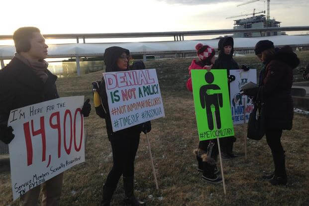 #MeToo demonstration against sexual harassment and sexual assault in the military organized by the Service Women's Action Network‎ at the Pentagon, January 8, 2018. (Service Women's Action Network/Facebook)