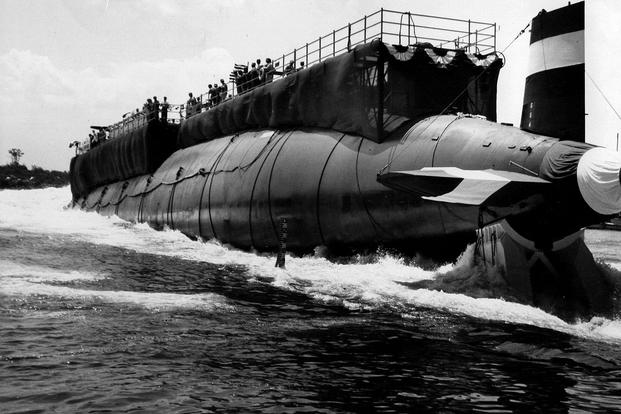 The Thresher (SSN 593) is launched at the Portsmouth Naval Shipyard in Kittery, Maine on July 9, 1960. (US Navy photo courtesy of Naval History and Heritage Command)
