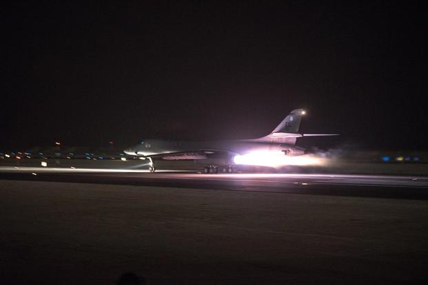 A 34th Expeditionary Bomb Squadron B-1B Lancer deployed to the 379th Air Expeditionary Wing prepares to launch a strike mission from Al Udeid AIr Base, Qatar, April 13, 2018 in support of the multinational response to Syria's recent use of chemical weapons. (U.S. Air Force/Master Sgt. Phil Speck)