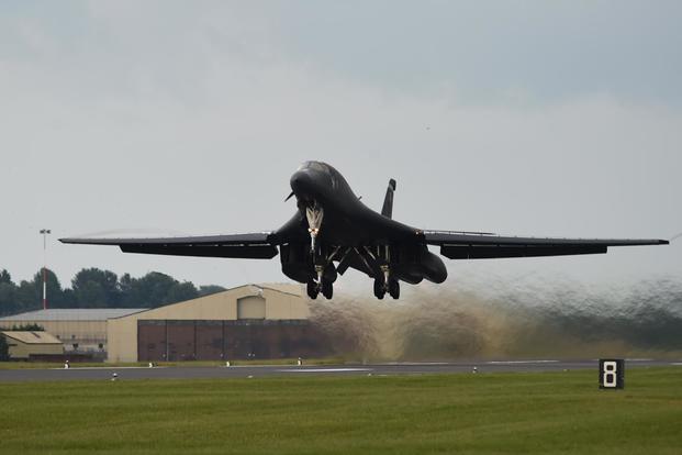 A U.S. Air Force B-1B Lancer assigned to the 345th Expeditionary Bomb Squadron at Dyess Air Force Base, Texas, takes off during exercise Trojan Footprint at RAF Fairford, England, June 1, 2018. (U.S. Air Force/Senior Airman Emily Copeland)