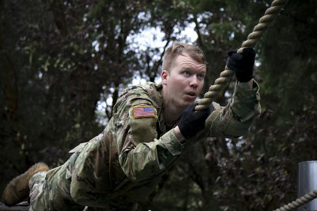 A Soldier assigned to the 189th Combined Arms Training Brigade maneuvers through an obstacle course during the Brigade's Best Captain Competition on Joint Base Lewis-McChord, Wash., April 4, 2018. (U.S. Army/SSG Eliverto V Larios)