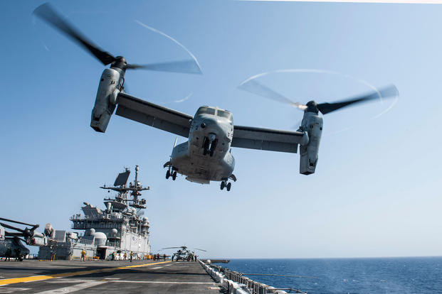 An MV-22 Osprey assigned to Marine Medium Tiltrotor Squadron (VMM) 161 (Reinforced) lifts off from the flight deck of the amphibious assault ship USS America (LHA 6) during flight operations, Oct. 3, 2017. (U.S. Navy photo/Vance Hand)