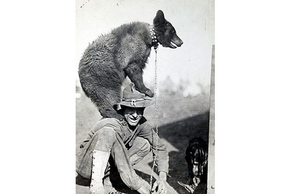 A World War I soldier lets the regimental mascot climb on him. (Photo: National Archives and Records Administration)