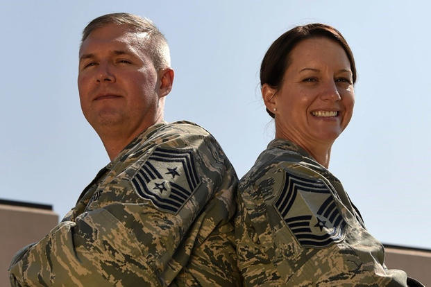 Married Air Force Chief Master Sgts. Brian and Shannon Thomas. (U.S. Air Force/Melody Wolff)
