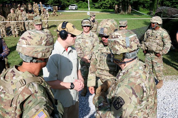 Ryan McCarthy, serving as acting secretary of the Army, talks with leaders from Army Cadet Command during ROTC cadet training at Fort Knox, Kentucky. Matthew Cox/Military.com