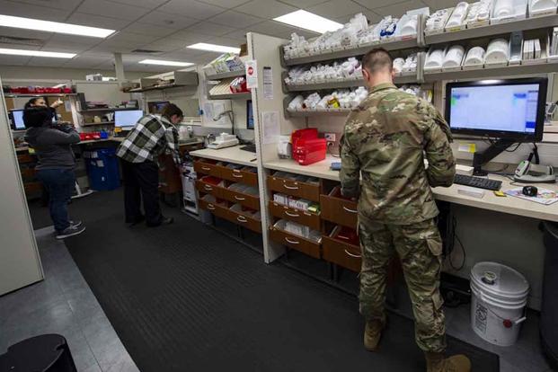 Pharmacy technicians process prescriptions at Moody Air Force Base.