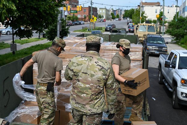 Maryland Army National Guard's 1229th Transportation Company deliver food