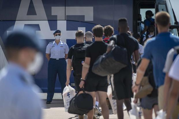 Basic cadets arrive for inprocessing day at the U.S. Air Force Academy, Colo., June 25, 2020.