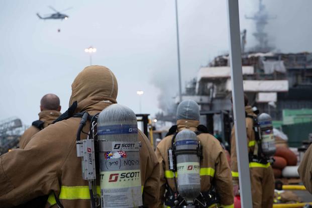 Sailors and Federal San Diego Firefighters prepare to fight a fire on board USS Bonhomme Richard (LHD 6) July 13, 2020. 