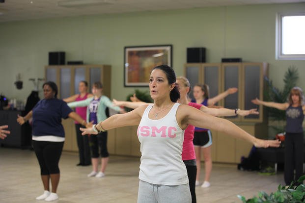 Pilates class is held at Camp Lejeune.
