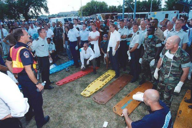 Triage teams prepare to work, 11 September 2001.