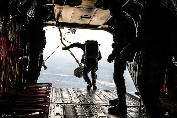 A paratrooper jumps out of a CH-47 during a joint U.S.-Poland exercise