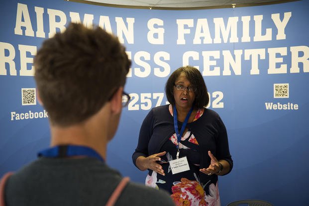 Shonte Gonzalez, Wright-Patterson Air Force Base, Ohio, Airman and Family Readiness Center, talks with students during the STEM-Diversity Inclusion Event at Wright-Patterson Air Force Base, Ohio.