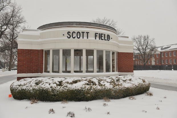 The Old Scott Field Gate during the snow storm on Feb. 21, 2013.