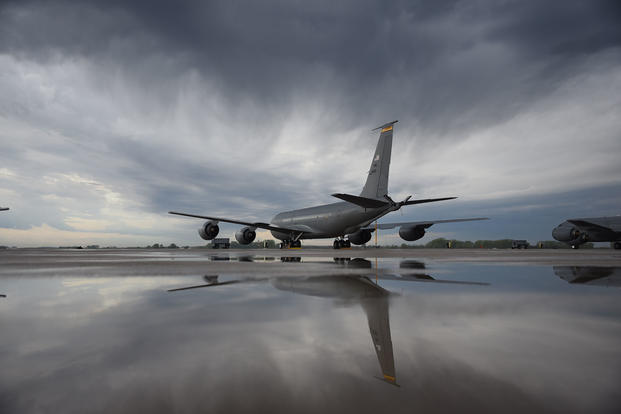A KC-135 Stratotanker from the 185th Air Refueling Wing is parked at the Sioux City Gateway Airport