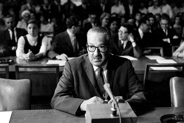 Solicitor General Thurgood Marshall, nominated by President Lyndon B. Johnson to the U.S. Supreme Court, sits at the witness table before testifying before the Senate Judiciary Committee during his confirmation hearing in Washington, July 18, 1967. (AP File Photo) Solicitor General Thurgood Marshall, nominated by President Lyndon B. Johnson to the U.S. Supreme Court, sits at the witness table before testifying before the Senate Judiciary Committee during his confirmation hearing in Washington.