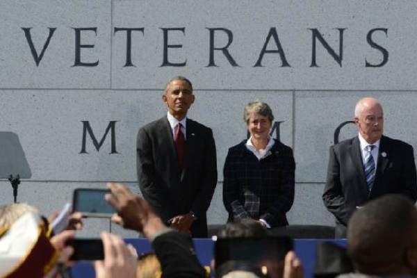 President Barack Obama attended the dedication ceremony for the American Veterans Disabled for Life Memorial in Washington Oct. 5, 2014. (AP Photo/Molly Riley)