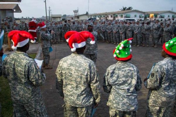 Soldiers gather in Liberia ahead of the Christmas holiday. (U.S. Army photo)