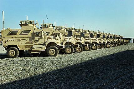 Mine-Resistant Ambush Protected vehicles at Camp Liberty in Baghdad in 2007