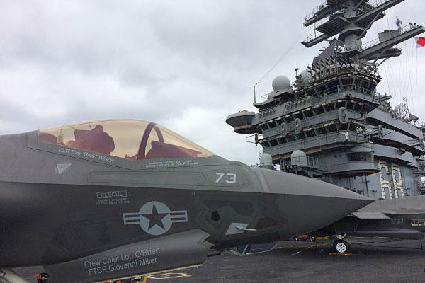 An F-35C Lightning II Joint Strike Fighter sits on the flight deck of the aircraft carrier USS Nimitz. Photo by Kris Osborn/Military.com