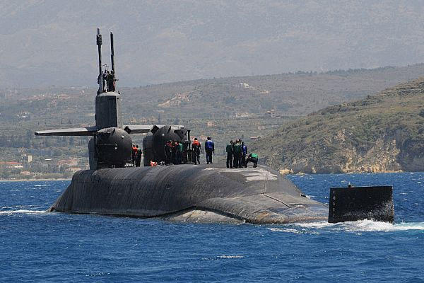 The Ohio-class guided-missile submarine USS Florida (SSGN 728) departs Souda harbor after a routine port visit. (US Navy)