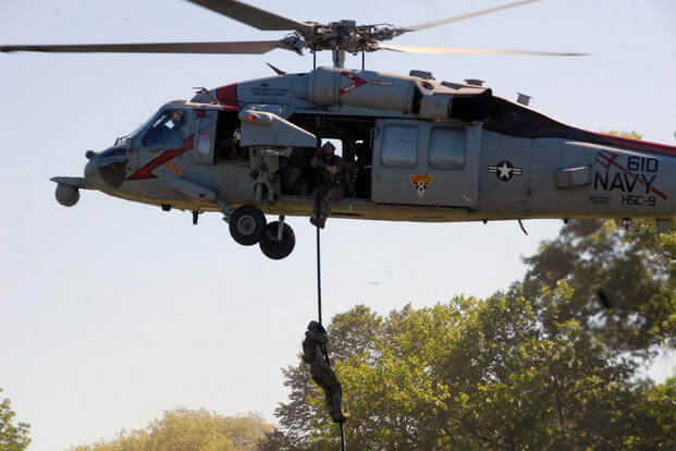 Sailors attached to Helicopter Sea Combat Squadron 9 rappel during an aviation demonstration at Eisenhower Park in Long Island, New York in support of Fleet Week New York 2015. (U.S. Navy photo by Mass Communication Specialist 1st Class David Wyscaver)