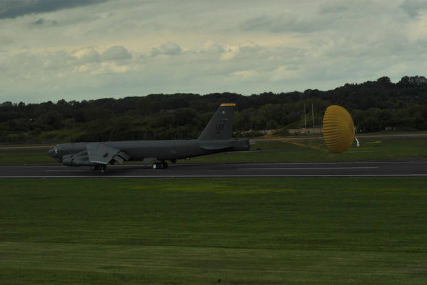 A B-52 Stratofortress assigned to the 5th Bomb Wing at Minot Air Force Base, N.D., arrives at Royal Air Force Fairford, England, June 5, 2015. (U.S. Air Force photo/Senior Airman Malia Jenkins)