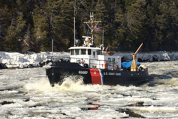 The Coast Guard Cutter Bridle breaks ice on the Penobscot River in Maine March 17, 2015. Operation renewable energy for Northeast Winters. (U.S. Coast Guard/CPO Marc Moore)