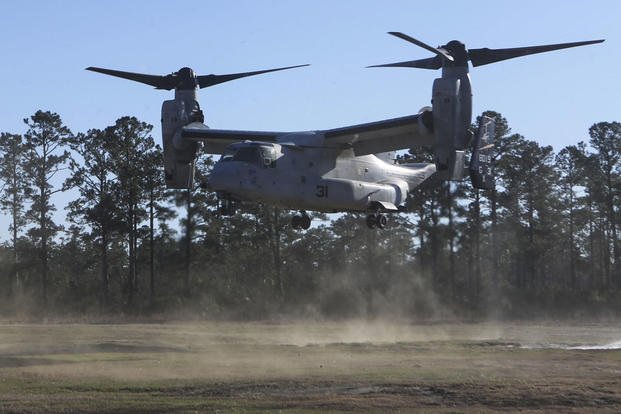 1st Lt. Erik Erlandson lands an MV-22B Osprey during a check ride course requirement with Marine Medium Tiltrotor Training Squadron 204 at Marine Corps Air Station New River, N.C. Jan. 12, 2016. (Photo: Cpl. Michelle Reif)