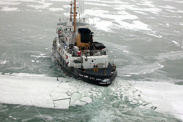 The cutter Neah Bay breaks Great lakes ice approximately 50 miles east of Grosse Isle, Mich. Neah Bay, homeported in Cleveland, is participating in the Ninth Coast Guard District's Operation Coal Shovel. (U.S. Coast Guard photo)