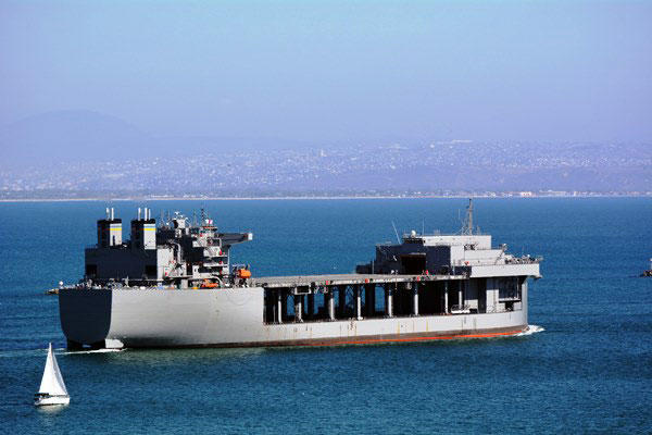 The Military Sealift Command ship USNS Lewis B. Puller (MLP 3) departs San Diego for its new home on the East Coast Aug. 12, 2015. (U.S. Navy photo)