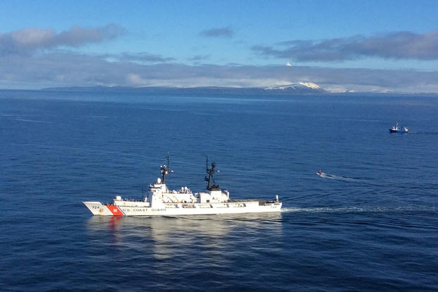A Coast Guard Cutter Munro boarding team is sent to conduct a vessel safety inspection in the Bering Sea, Feb. 15, 2016. (U.S. Coast Guard photo)