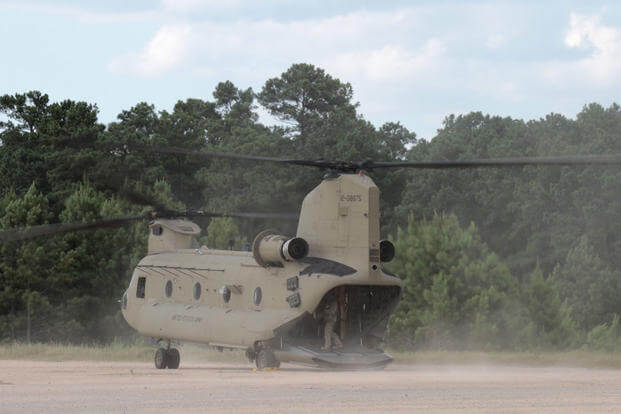 A CH-47 "Chinook" from the Maryland National Guard's B Co, 3rd Battalion, 126th Aviation, prepares for takeoff at the Army's Joint Readiness Training Center, Fort Polk, Louisiana, Wednesday, July 13, 2016. (U.S. Army/Sgt. Michael Davis)