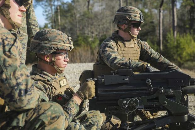 A Marine with Task Force Southwest fires an Mk 19 grenade launcher during a combined arms range at Camp Lejeune, N.C., Jan. 18, 2016. (U.S. Marine Corps/Sgt. Lucas Hopkins)