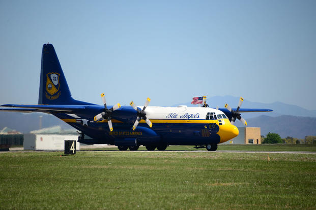 The U.S. Navy Blue Angels "Fat Albert" C-130 Hercules lands after a successful demonstration at the Smoky Mountain Air Show at McGhee Tyson ANG Base, TN, April 16, 2016. (U.S. Air National Guard photo/Master Sgt. Kendra M. Owenby)