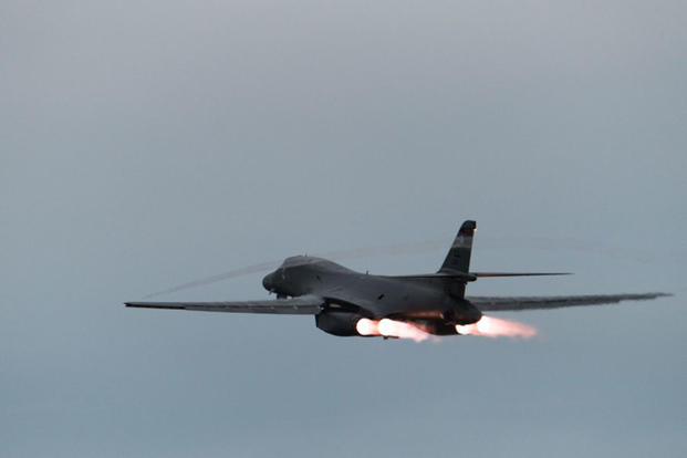 A U.S. Air Force B-1B Lancer assigned to the 37th Expeditionary Bomb Squadron, deployed from Ellsworth Air Force Base, take off from Andersen AFB in the vicinity of the Sea of Japan, East Sea, Oct. 10, 2017. (U.S. Air Force/Senior Airman Jacob Skovo)