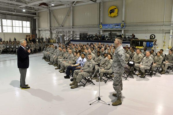 Defense Secretary Chuck Hagel takes a question after delivering remarks to several hundred airmen on Langley Air Force Base in Hampton, Va.. He also addressed troops at Fort Eustis. (DoD photo by Glenn Fawcett)