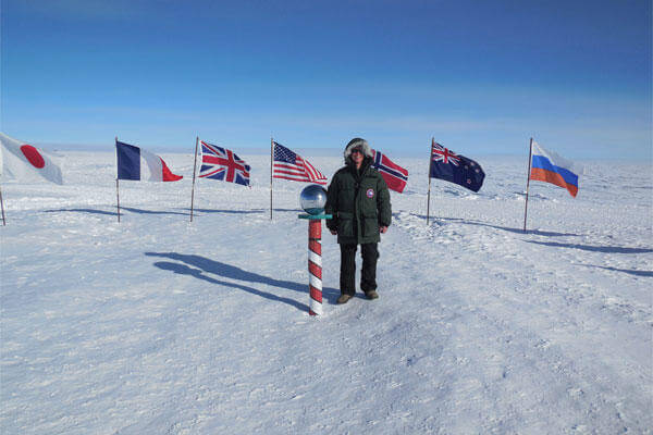 Cadet 1st Class Glen Hanson stands at the South Pole in December. The meteorology major spent a week observing climate, satellite, biological and astronomical research at McMurdo Station, Antarctica.