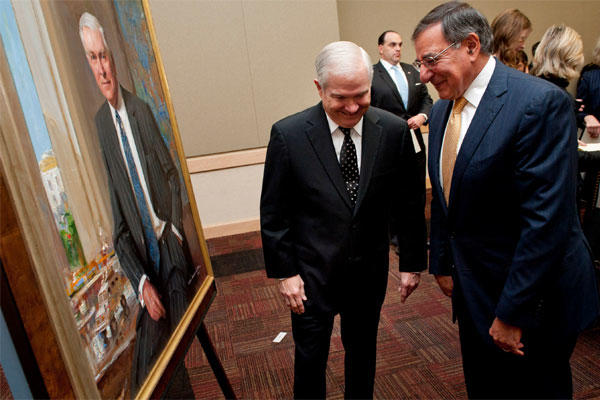 Leon E. Panetta, right, and his predecessor Robert M. Gates, share a laugh during the ceremony to unveil a portrait of Gates at the Pentagon, Oct. 29, 2012. (DOD photo by U.S. Navy Petty Officer 1st Class Chad J. McNeeley)