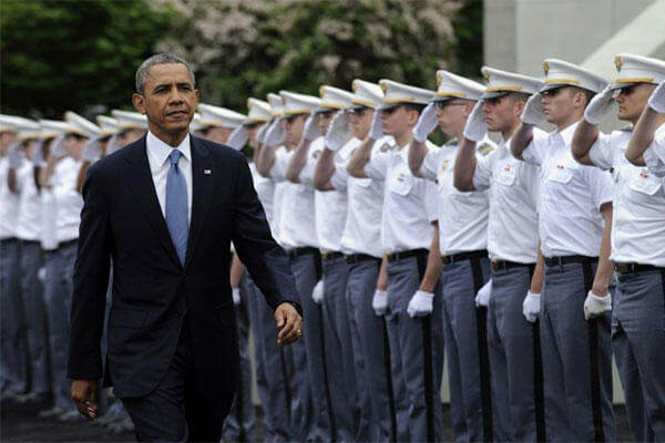President Obama arrives to deliver the commencement address to the U.S. Military Academy at West Point's Class of 2014, Wednesday, May 28, 2014, in West Point, N.Y. (AP Photo/Susan Walsh)