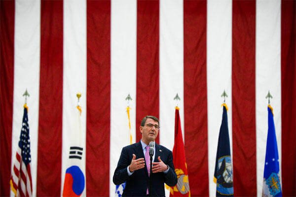 U.S. Defense Secretary Ash Carter speaks to service members during a troop event on Osan Air Base in South Korea, April 9, 2015. Carter. (DoD photo by U.S. Navy Petty Officer 2nd Class Sean Hurt)