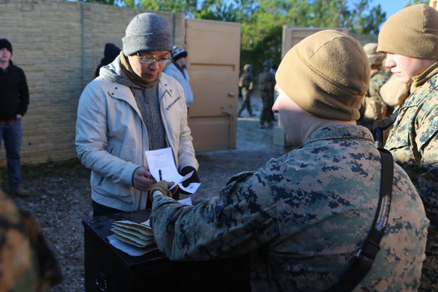 Lance Cpl. Jordan Martin evaluates and records a refugee role player’s identification paperwork during a noncombatant evacuation training operation at Marine Corps Base Camp Lejeune, North Carolina, Jan. 14, 2016. (Photo: Lance Cpl. Shannon Kroening)
