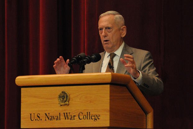 Retired U.S. Marine Corps Gen. James N. Mattis, former 11th commander of United States Central Command, speaks to U.S. Naval War College students, faculty and staff during a lecture of opportunity in Newport, R.I. (U.S. Navy photo by Ezra Bolender)