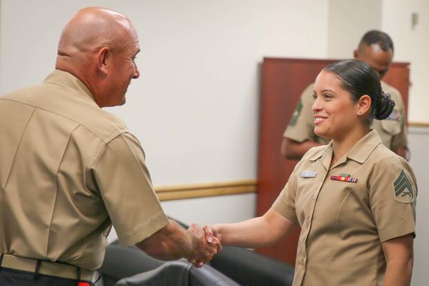 FILE - U.S. Marine Corps Brig. Gen. Austin Renforth, the commanding general of Marine Corps Recruit Depot Parris Island, S.C. meets the Marines of First Marine Corps District in Garden City, N.Y., July 20, 2016. (U.S. Marine Corps/Sgt. Elizabeth Thurston)