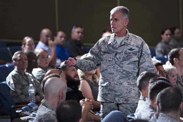 FILE -- Lt. Gen. Jay Silveria, superintendent of the U.S. Air Force Academy, Colo., discusses his goals and priorities to an audience of Total Force Airmen at the Academy, Aug. 17, 2017. (U.S. Air Force photo/ Mike Kaplan)