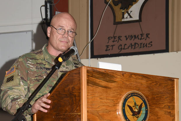 U.S. Army Maj. Gen. Roger Cloutier, Jr. speaks as the guest speaker of the Combined Joint Task Force – Horn of Africa 242nd Army Birthday Ball, at Camp Lemonnier, Djibouti, June 17, 2017. (U.S. Air National Guard photo/Tech. Sgt. Andria Allmond)